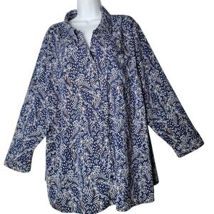 Catherines 3X Petite Blouse Navy Blue Leaf Print Button Front Top Boho Workwear